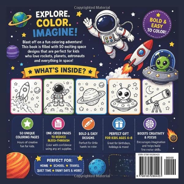 Space Coloring Book for Kids: 50 Fun & Easy Space Designs | Bold & Easy Coloring Pages | One-Sided Pages | Ages 4–8